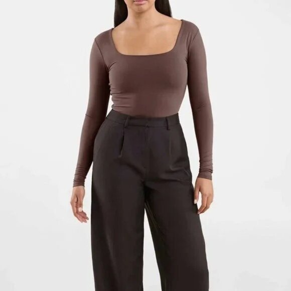 Nuuds Coffee Long Sleeve Square Neck Thong Style Bodysuit - Picture 1 of 10